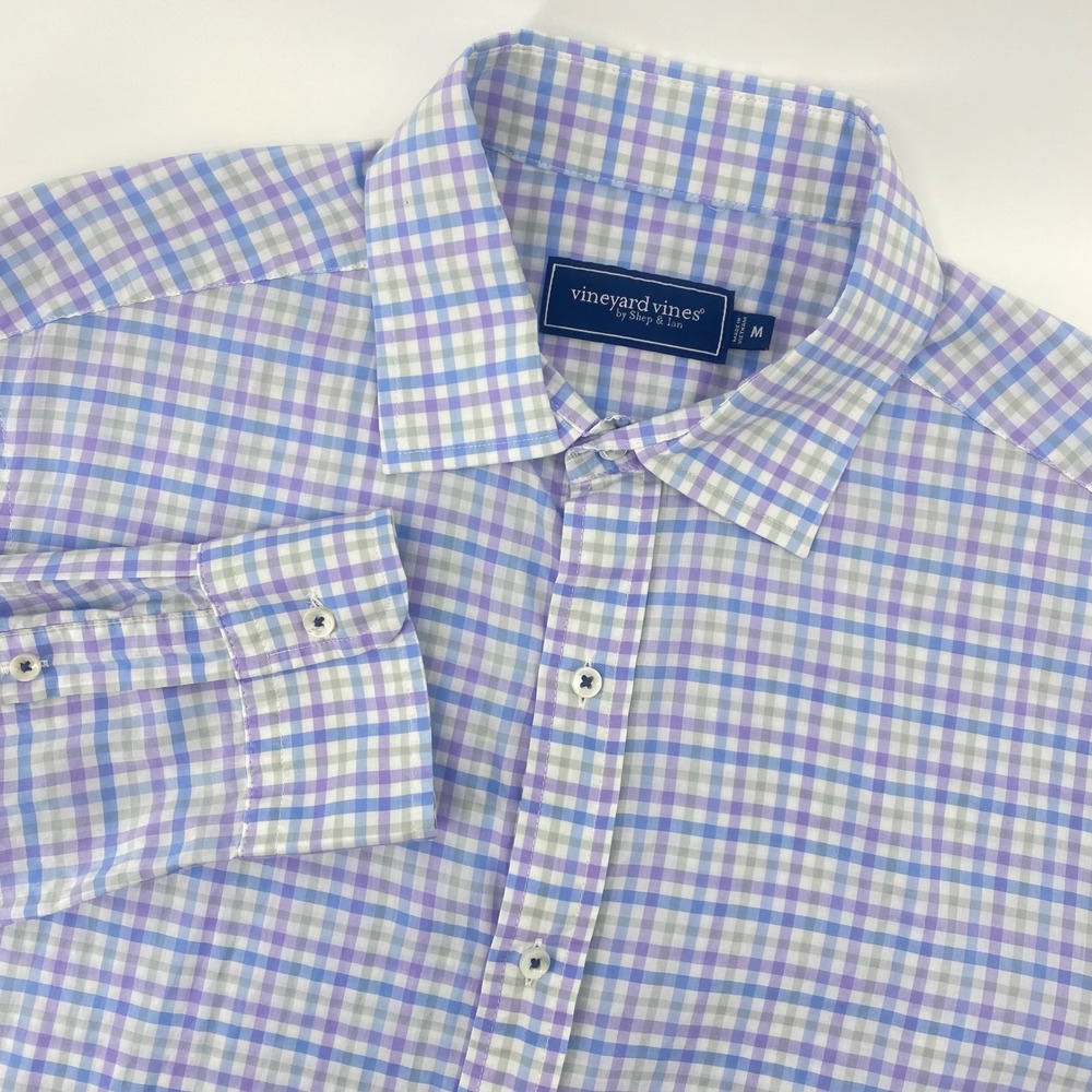 Vineyard Vines Mens Purple Blue Gingham Cotton Silk Button Down Shirt Size M